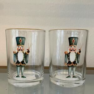 Medici Christmas Nutcracker Glass Tumblers 11oz Set of 2 Holiday Green Gold New